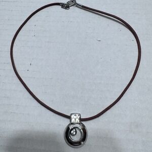 Swarovski Crystal Clear Pendant Necklace Leather Brown Cord Boho Chocker 16"